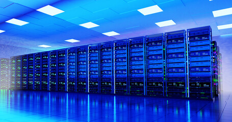 Modern server room, corridor in data centre with Supercomputers racks, neon lights and conditioners. 3D rendering illustration - obrazy, fototapety, plakaty