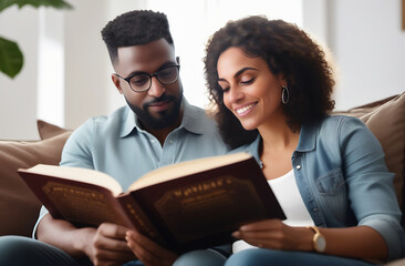 Obraz premium A young family is sitting on the sofa and reading a book.