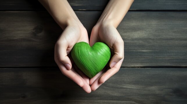 Female hands holding a green heart. The concept of donations and family insurance, World Heart Day. Health day. Gratitude, kindness, volunteers. The theme of ecology.