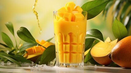 Mango juice in a glass. tropical juice. Lemonade. Mint leaves. Blue background. Summer drink. - obrazy, fototapety, plakaty