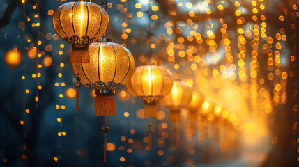 Soft Glows Emanating from Suspended Golden Lanterns Background