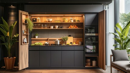 Sleek kitchenette with essential appliances and an uncluttered design, providing a functional space for design customization. [Sleek kitchenette with essential appliances