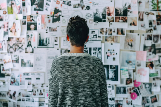 person standing in front of a wall covered in pictures and magazine clippings, creating a vision board
