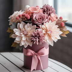 Pink flowers in a vase
Flowers in a gift box with a ribbon