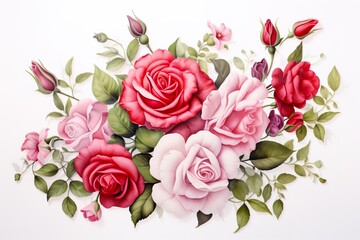 Red and pink roses ornament on white background