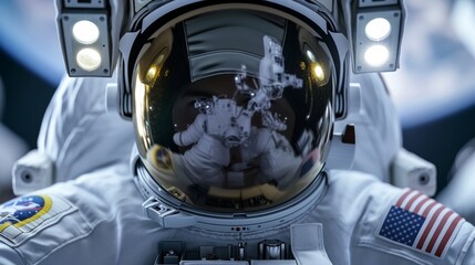 Close up portrait of USA spaceman in space looking directly through spacesuit.