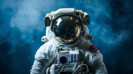 Astronaut in a spacesuit on the background of blue twinkling lights, space