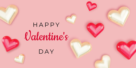Happy Valentine's Day banner with realistic hearts 3d render. Romantic composition about Love. Greeting Card, gift, web banner, posters, ads, coupons, promotional material. 