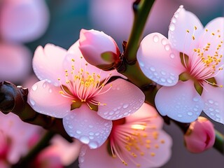Blooming peach flowers on tree branch close up photography