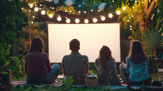 Group of friends from behind, sitting and enjoying an outdoor movie night with a blank screen, surrounded by garden lights at dusk.