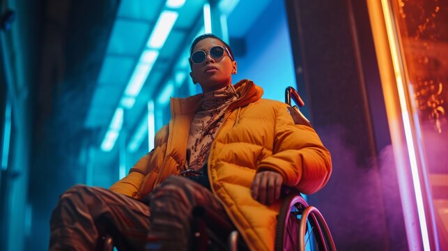 Diversity in fashion for disabled individuals. Young fashionable male disabled person on wheelchair, style and inclusivity concept.