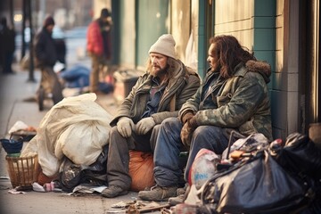Fototapeta na wymiar Two homeless men sitting in dirty city street