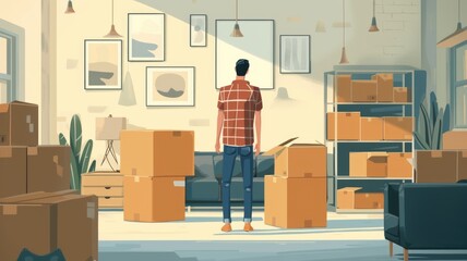 concept of moving to a new home, a man in a large empty room, rear view, standing among cardboard boxes with things and unpacking.