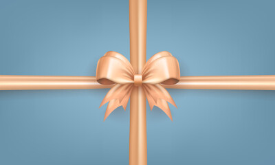 Template of holiday wallpaper with realistic 3d beige bow knot with crossed ribbons in the center on soft blue background. Banner with tied bow with silk tapes as gift box or present wrapping element