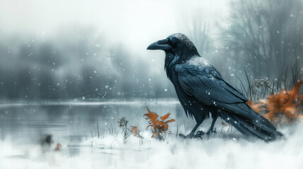 Depiction of a black raven in a frozen winter landscape.