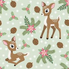 Seamless pattern with cute baby deers, snowflakes and Christmas plants. Vector illustration.
