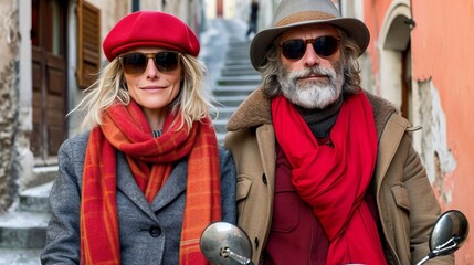 Joyful retired couple enjoying european city on scooter with copy space for text placement