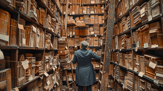 A historian browsing through extensive archives in a dimly lit archival room.