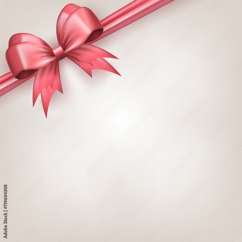 Wall mural Template of square banner with soft pink bow ribbon in the corner as frame and copy space for text on white background. Greeting card or gift box with realistic 3d tied bow and empty place