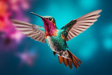 A colorful and attractive hummingbird flying against an ethereal background.