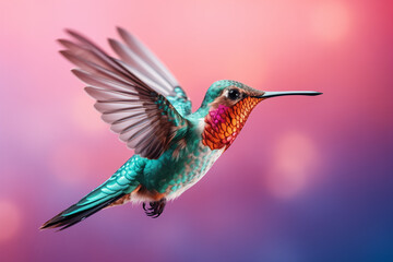 A colorful hummingbird flying on a pink and purple background.