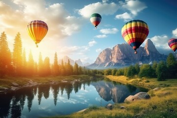 Obraz premium Colorful hot air balloons flying over mountain