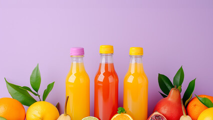 Citrus fruit juices, fresh and smoothies, food background, top view. Mix of different whole and cut fruits: orange, grapefruit, lime, tangerine with leaves and bottles with drinks on color table.