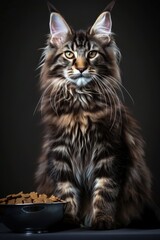 Majestic Long-Haired Tabby Cat Sitting Beside a Bowl of Food Against a Dark Background
