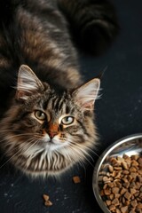 Long-Haired Domestic Cat Sitting Next to Food Dish on Dark Background