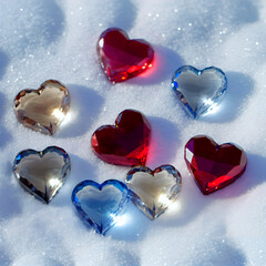 Shiny and Colorful Image of Crystal Hearts on Snow: Glass Valentines