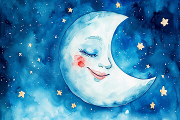 Fototapeta premium watercolor illustration of a child's drawing of a smiling moon with stars