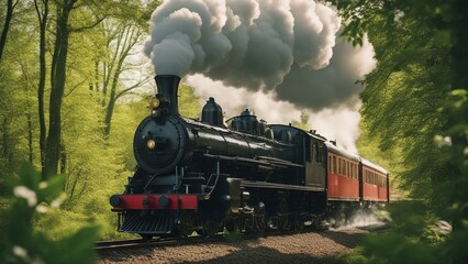 Fototapeta premium steam train in the forest A steam train engine on a sunny day in the spring. The train is a classic and elegant model, 