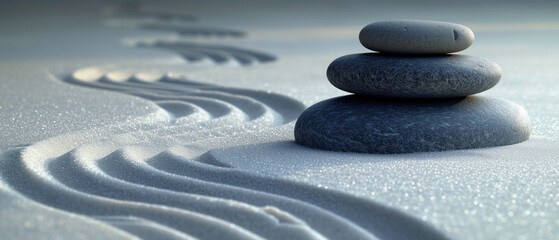 Fototapeta na wymiar Zen stones in the white sand, Zen garden, 3D illustration