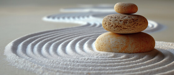 Fototapeta na wymiar Zen stones arranged in the sand on a white background, representing the zen concept