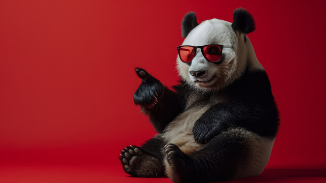 A panda with glasses on a red background sits and points with his paw to the side, a place for your text