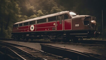 Obraz premium train in the countryside A vintage train with a retro style emblem on its front. The train is black and red, 