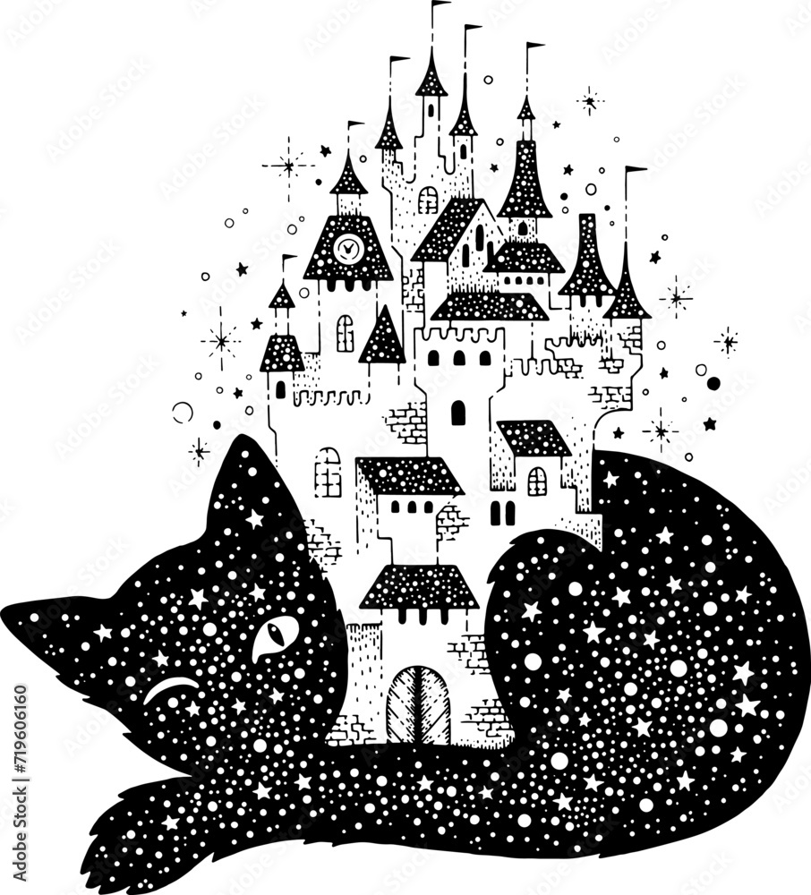 Wall mural Sketch tattoo of cat silhouette and outline medieval castle. Cute black pet lying around vintage house with towers. Fairy tale fantasy poster with kitty, ancient palace. Vector hand drawn illustration