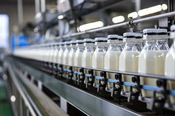 Milk factory. Robotic factory line for processing and bottling of milk