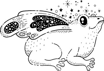 Cute frog with butterfly celestial wing. Outline graphic sketch of funny toad profile with moth wings with black pattern of stars. Magic sitting frog, witch concept art. Vector tattoo illustration