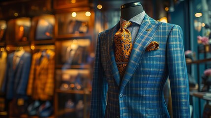 Obraz premium Elegant mannequin display in showroom with copy space, suits atelier concept for text placement