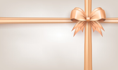 Template of holiday wallpaper with realistic 3d beige bow knot with crossed ribbons on white background. Banner with crisscross tied bow with silk tape as gift box wrapping element or present decor