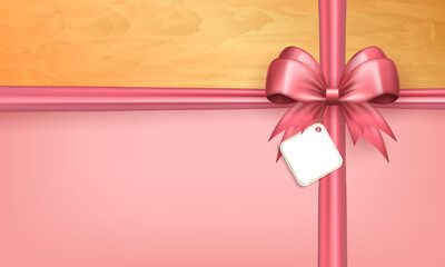 Design of gift box with 3d pink silk bow knot with crossed ribbon, white paper label tag and golden frame border. Holidays wallpaper with realistic cute tied bow with tape for present wrapping