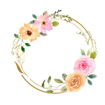 Gold Circle Wreath with WaterColor Flowers on transparent background.