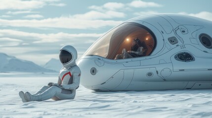  a man in a space suit sitting on the ground next to an inflatable space ship in the middle of a snow covered field with mountains in the background. - obrazy, fototapety, plakaty