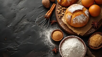  a table topped with bread, eggs, spices and powdered sugar on top of a wooden table next to a bowl of powdered sugar and a whisk.