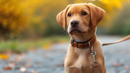  a close up of a dog on a leash looking at the camera with a blurry background of leaves on the ground and a yellow tree in the foreground.