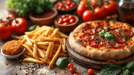  a pizza sitting on top of a wooden cutting board next to a pile of french fries and a pile of tomatoes next to a jar of ketchup and tomatoes. - obrazy, fototapety, plakaty
