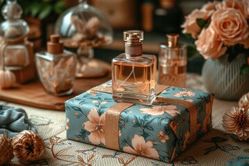 Fototapeta na wymiar Gift box and perfume bottle in peach tones: a delicate gift