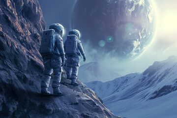 group of astronauts exploring a mysterious planet, discovering a hidden alien civilization - obrazy, fototapety, plakaty