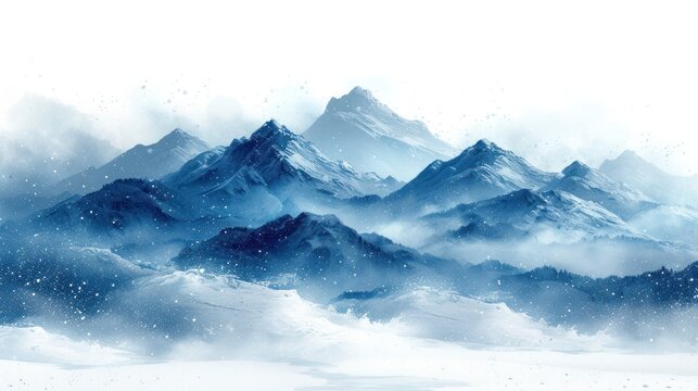  a painting of a snowy mountain range with snow falling off of it's sides and snow falling off the top of it's sides in the foreground.